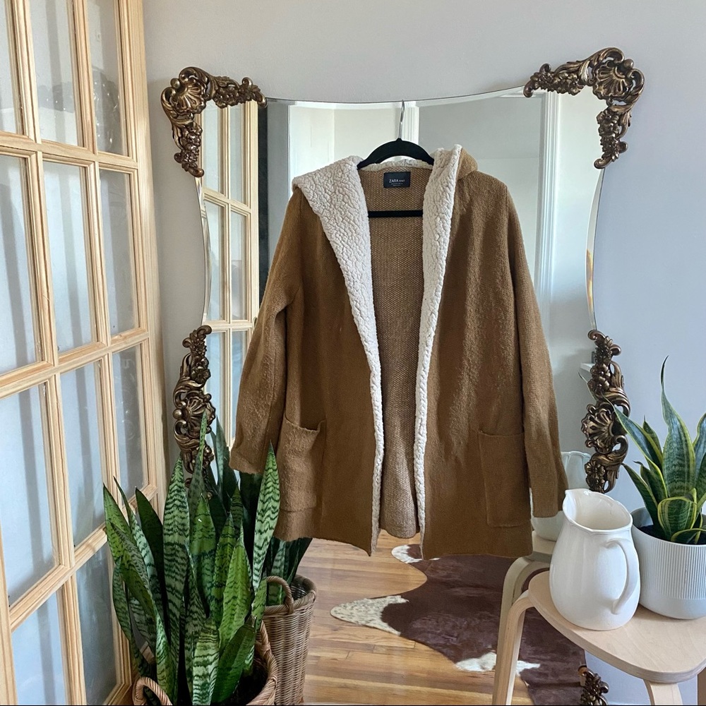 Zara Tan Faux Shearling Knit Hooded Cardigan
